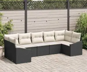 vidaXL Set de canapea pentru grădină cu 7 piese și perne Negru Ratan Polimer