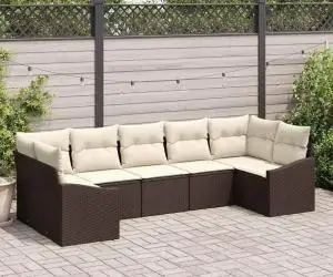 vidaXL Set de canapele de grădină cu 7 piese și perne maro din ratan poli
