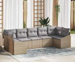vidaXL Set de canapea de grădină cu 7 piese cu pernuțe Bej din ratan polimer