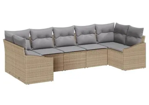 Set de canapea de grădină cu 7 piese cu pernuțe Bej din ratan polimer - 2/5