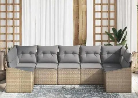 Set de canapea de grădină cu 7 piese cu pernuțe Bej din ratan polimer - 3/5