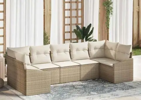 Set de canapea de grădină cu 7 piese și perne bej din poli ratan - 1/5