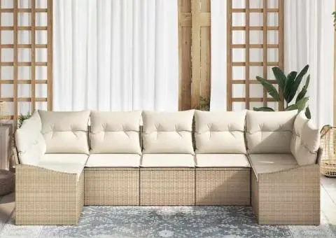 Set de canapea de grădină cu 7 piese și perne bej din poli ratan - 3/5