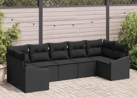 Set canapea de grădină cu 7 piese și perne Negru Poliratan - 1/5