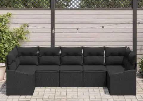 Set canapea de grădină cu 7 piese și perne Negru Poliratan - 3/5
