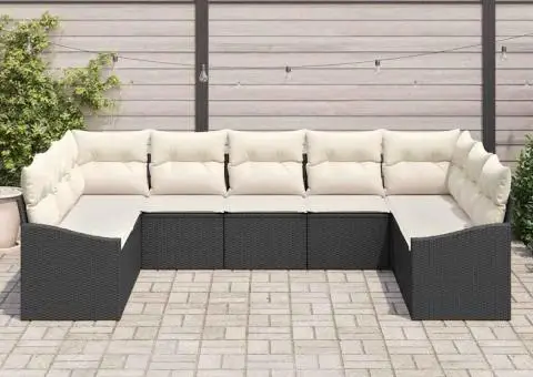 Set canapea de grădină 9 piese cu perne Negru Poliratan - 3/5