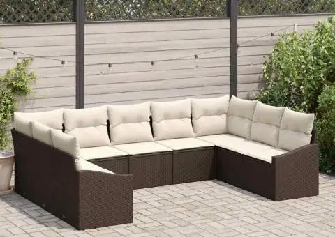 Set de Canapea de Grădină de 9 Piese cu Pernă Maro din Rattan Polimeric - 1/5