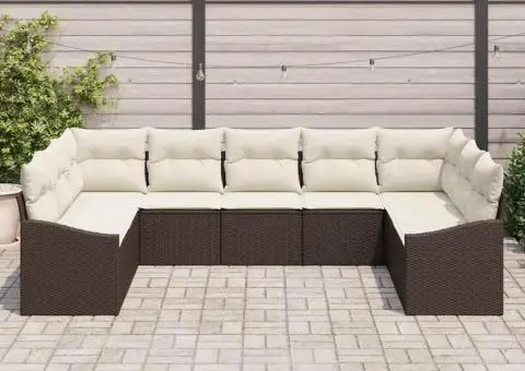 Set de Canapea de Grădină de 9 Piese cu Pernă Maro din Rattan Polimeric - 3/5