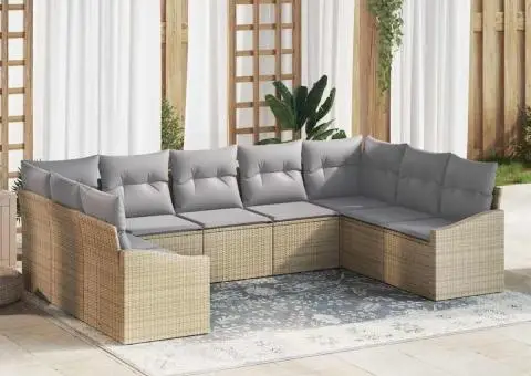 Set de canapea de grădină cu 9 piese și perne bej din ratan poliester - 1/5