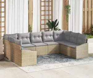 vidaXL Set de canapea de grădină cu 9 piese și perne bej din ratan poliester