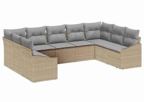 Set de canapea de grădină cu 9 piese și perne bej din ratan poliester - 2/5