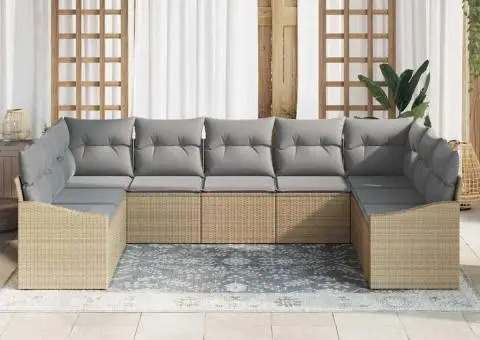 Set de canapea de grădină cu 9 piese și perne bej din ratan poliester - 3/5