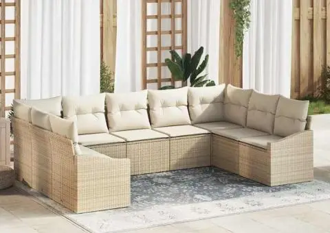 Set Canapea Grădină cu 9 Piese și Perne Bej Poliratan - 1/5