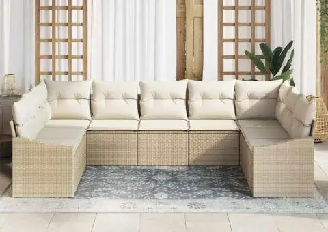 Set Canapea Grădină cu 9 Piese și Perne Bej Poliratan - 3/5