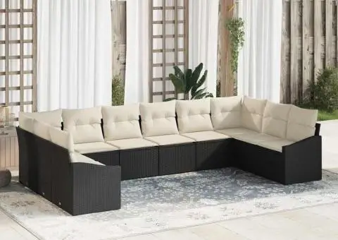 Set de Canapele de Grădină 10 Piese cu Perne Ratan Poly Negru - 1/5