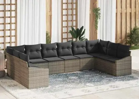 10 Piese Set Canapea de Grădină cu Perne Gri Ratan Poliester - 1/5