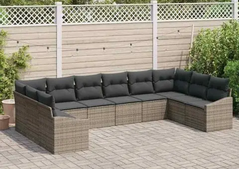 10 Piese Set Canapea de Grădină cu Perne Gri Ratan Poliester - 3/5