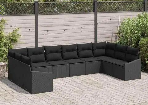 Set de canapea pentru grădină în 10 piese cu perne ratan poliester negru - 3/5