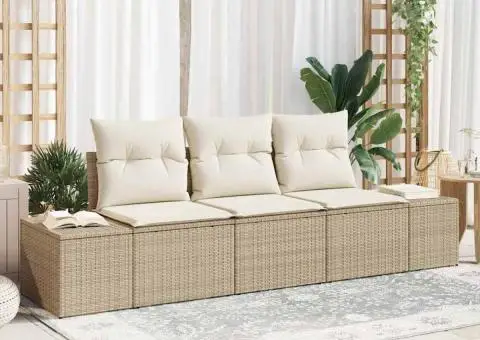 Set de canapea 3 piese cu perne bej din poli ratan - 1/5