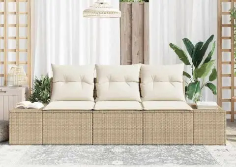 Set de canapea 3 piese cu perne bej din poli ratan - 3/5