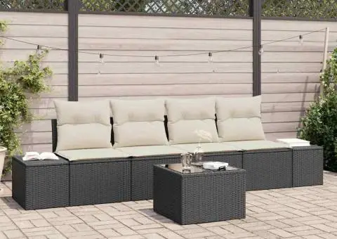 Set Canapea pentru Grădină de 5 Piese cu Pernuțe Negru din Poliratan - 1/5