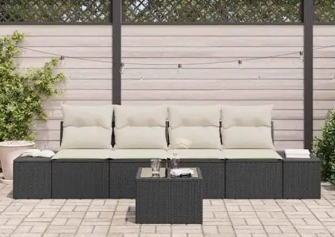 Set Canapea pentru Grădină de 5 Piese cu Pernuțe Negru din Poliratan - 3/5