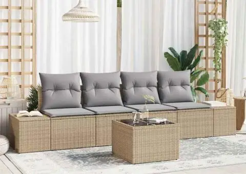Set de 5 Piese Canapea Grădină cu Pernuțe Bej Ratan Poly - 1/5