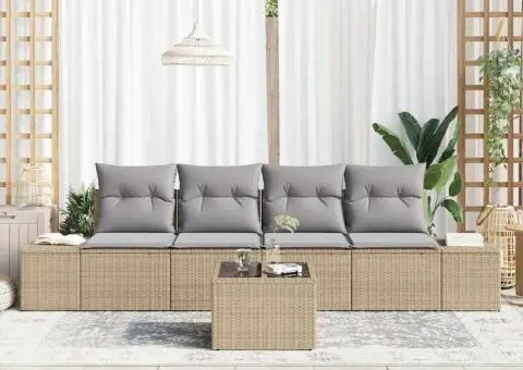 Set de 5 Piese Canapea Grădină cu Pernuțe Bej Ratan Poly - 3/5