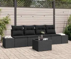 vidaXL Set de canapea grădină 5 piese cu perne Negru Poliratan