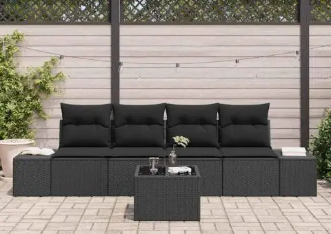 Set de canapea grădină 5 piese cu perne Negru Poliratan - 3/5