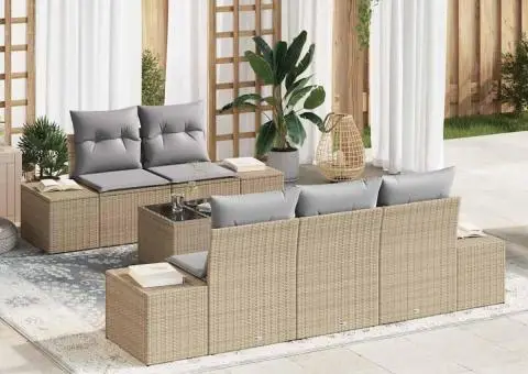 Set canapea de grădină de 6 piese cu perne bej din ratan poliester - 1/5