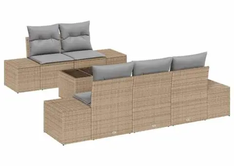 Set canapea de grădină de 6 piese cu perne bej din ratan poliester - 2/5