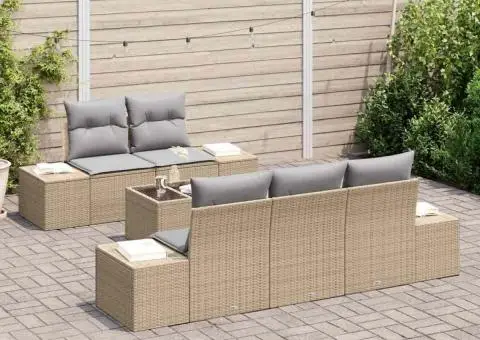 Set canapea de grădină de 6 piese cu perne bej din ratan poliester - 3/5