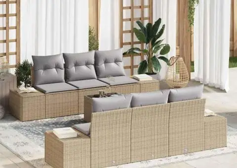 Set de canapea de grădină cu 7 piese cu perne Bej Ratan Poliester - 1/5