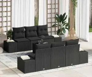vidaXL Set Canapea Grădină cu 7 Piese cu Perne Negru Poli Rattan