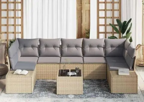 Set Canapea Grădină 8 Piese cu Pernuțe Bej Poli Ratan - 3/5