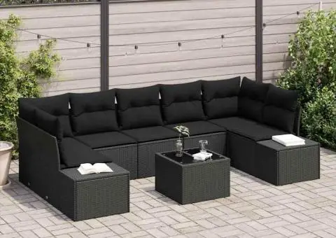 Set de 8 Piese pentru Grădină cu Perne Negre din Poliratan - 1/5