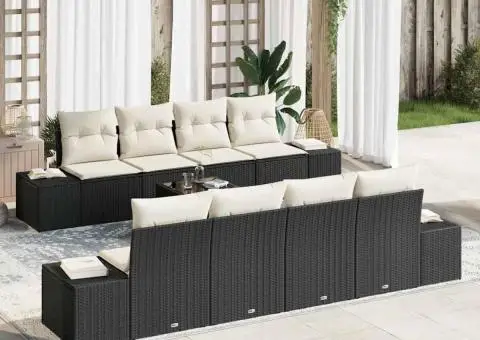 Set de Canapea de Grădină cu 9 Piese și Perne, Negru, din Rattan și Poliester - 1/5