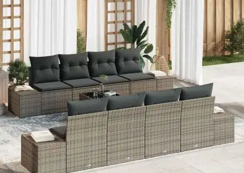 Set de mobilier de grădină 9 piese cu perne gri din rattan sintetic - 1/5