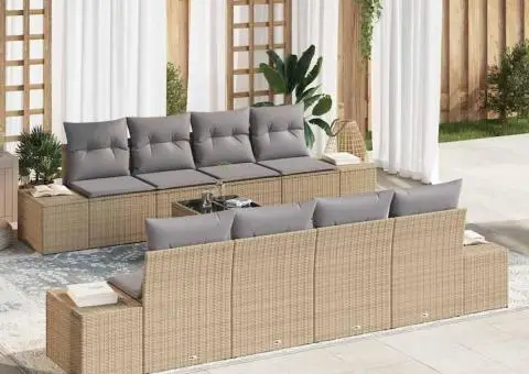 Set de canapea de grădină cu 9 piese și perne bej din rattan poliester - 1/5