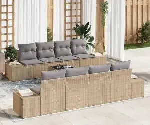 vidaXL Set de canapea de grădină cu 9 piese și perne bej din rattan poliester
