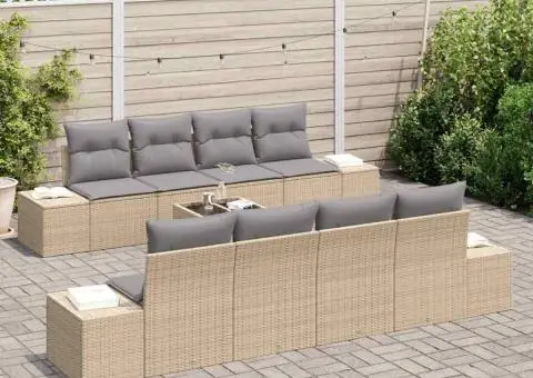 Set de canapea de grădină cu 9 piese și perne bej din rattan poliester - 3/5