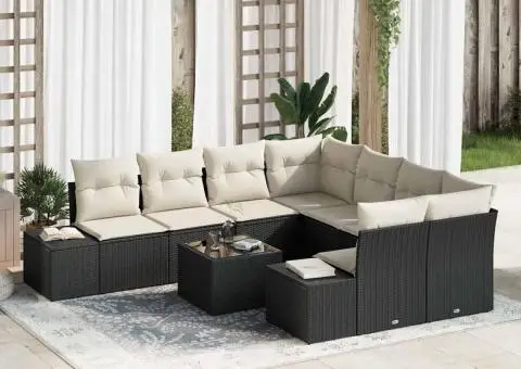 Set de Canapea cu 9 Piese și Perne Negru Rattan Polimeric - 1/5