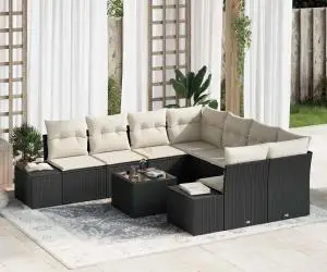 vidaXL Set de Canapea cu 9 Piese și Perne Negru Rattan Polimeric