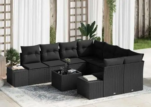 Set de canapea de grădină , 9 piese, cu perne, ratan poli, negru - 1/5
