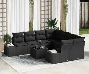 Set de canapea de grădină , 9 piese, cu perne, ratan poli, negru