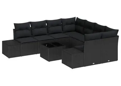 Set de canapea de grădină , 9 piese, cu perne, ratan poli, negru - 2/5