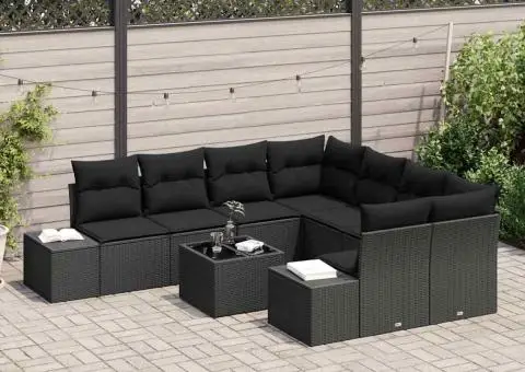 Set de canapea de grădină , 9 piese, cu perne, ratan poli, negru - 3/5