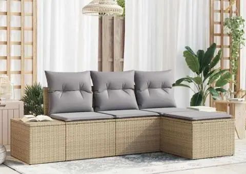 Set canapea pentru grădină în 4 piese cu perne bej din poliester și ratan - 1/5