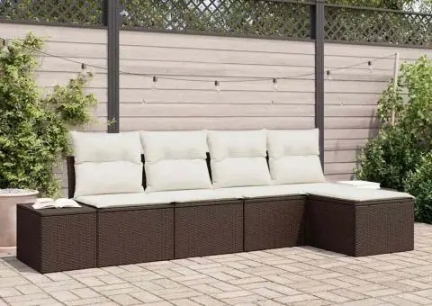 Set de Canapea de Grădină 5 Piese cu Perne Maro Ratan Poliester - 1/5